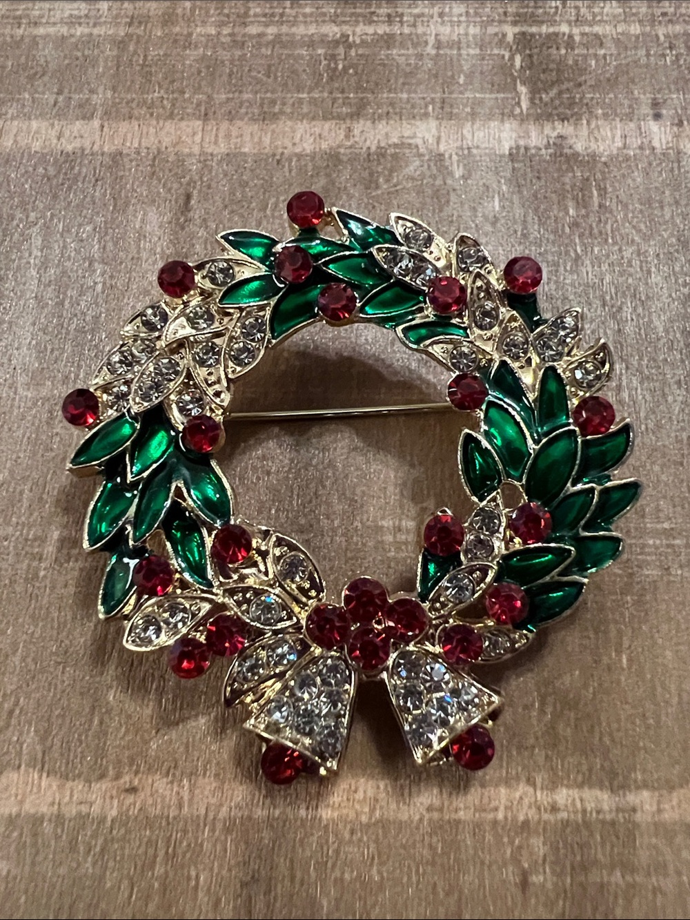 3/$18 Festive Green and Red Wreath Brooch - Holiday Crystal Pin Lot 6069